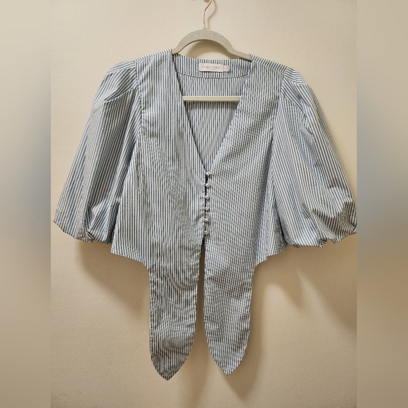 Jonathan Simkhai Ellen Blue White Stripe Cotton Oxford BabyDoll Puff Sleeve Top - Picture 9 of 16